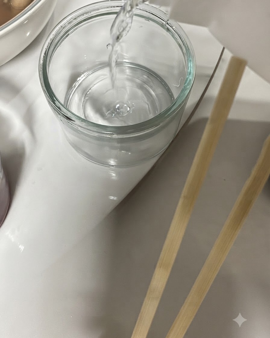 Licor transparente siendo vertido de una botella a una taza de vidrio pequeña junto a un tazón de sopa y arroz.