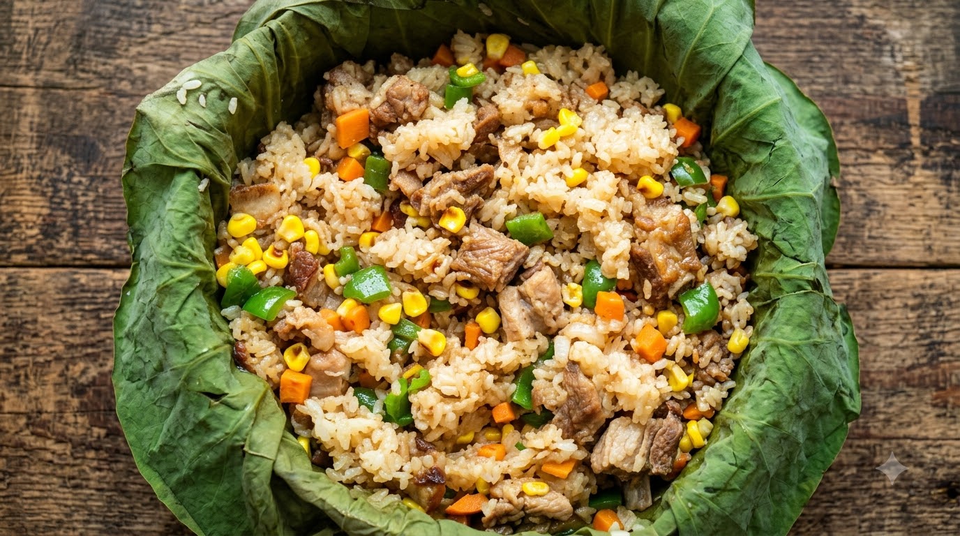 Un primer plano del arroz envuelto en hoja de loto con costillas de cerdo, mezclado con maíz, zanahorias y pimientos verdes, servido dentro de la hoja de loto al vapor.