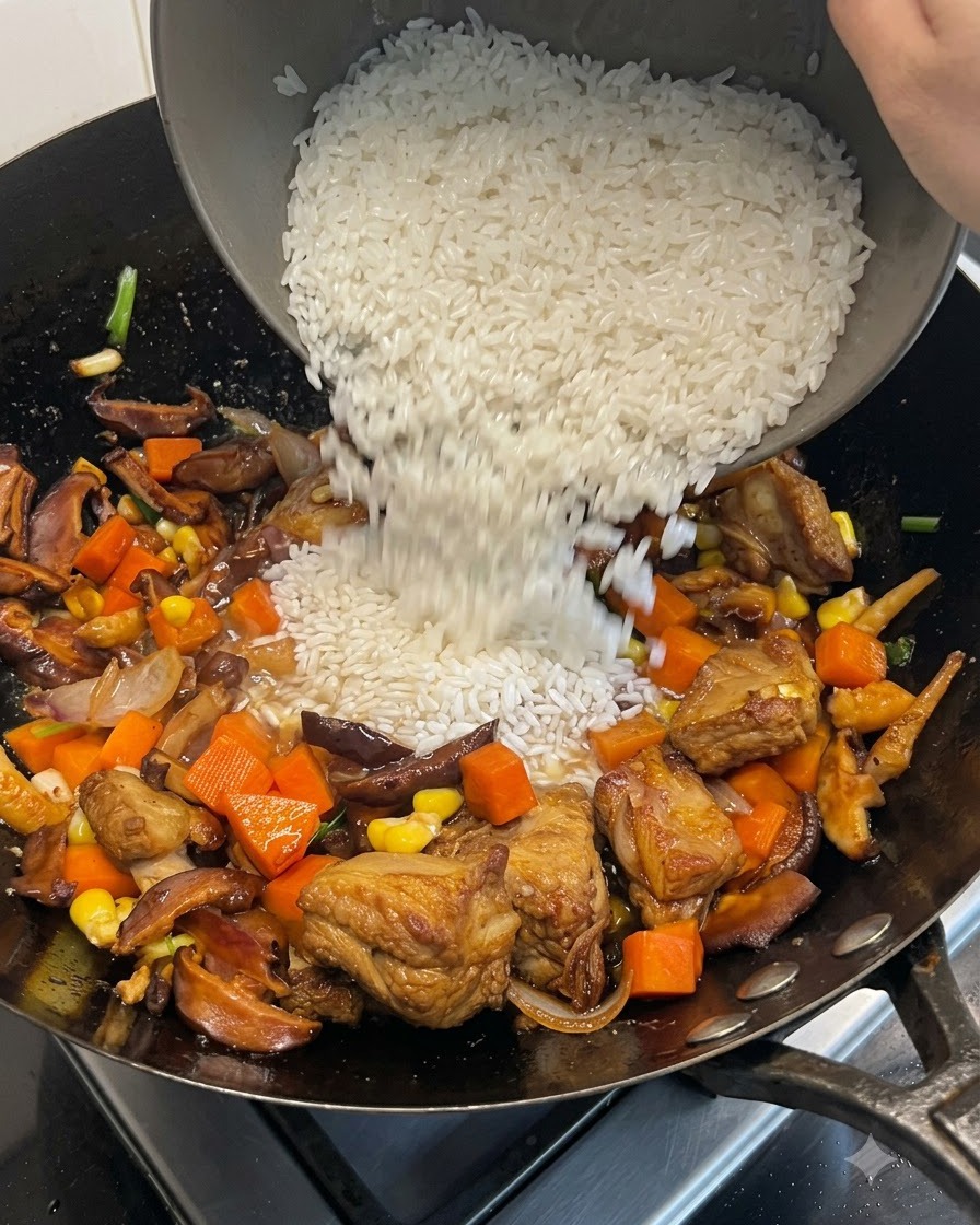 Granos de arroz blanco pre-remojados siendo vertidos desde un bol en la mezcla del wok.