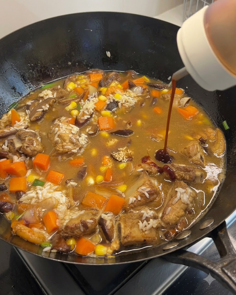 Salsas y condimentos siendo vertidos en el wok lleno de arroz, carne y verduras.