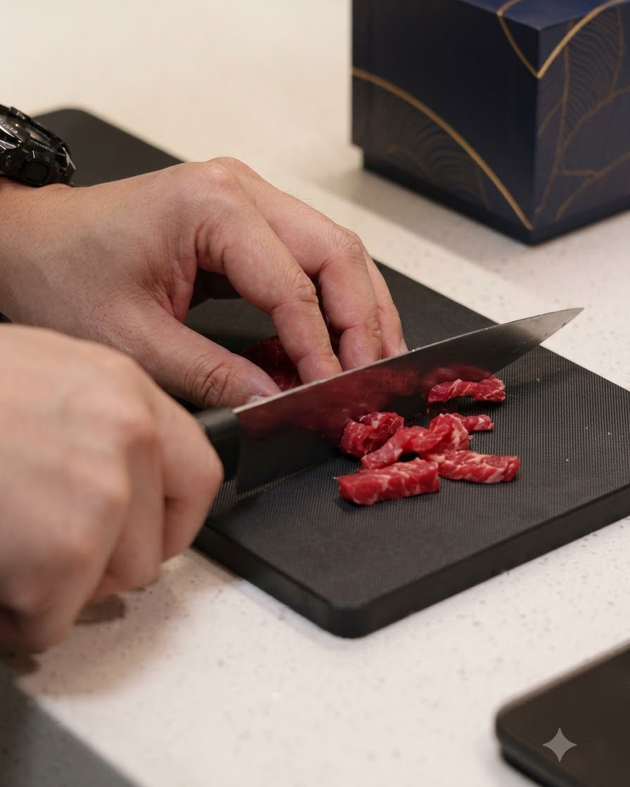 Carne de ternera siendo cortada cuidadosamente en tiras pequeñas y delgadas sobre una tabla de cortar negra.