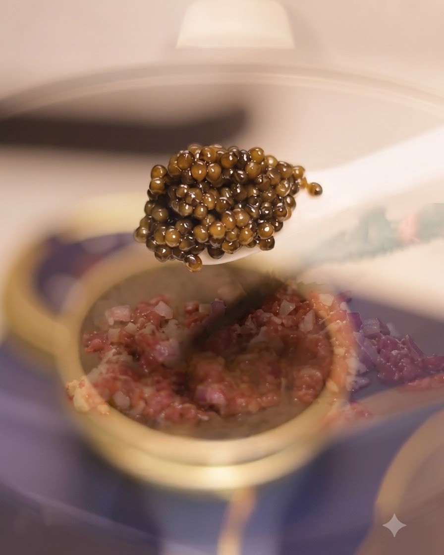 Una cuchara de caviar negro mostrada sobre una sartén que contiene carne picada y cebollas.