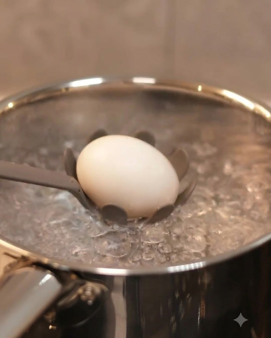 Un solo huevo siendo bajado a una olla con agua hirviendo a borbotones usando una cuchara ranurada.