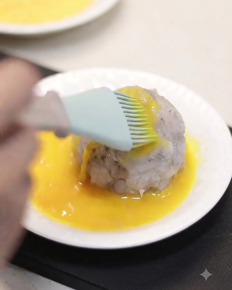Un huevo cubierto con pasta de langostino siendo pincelado con mezcla de huevo batido en un plato blanco.