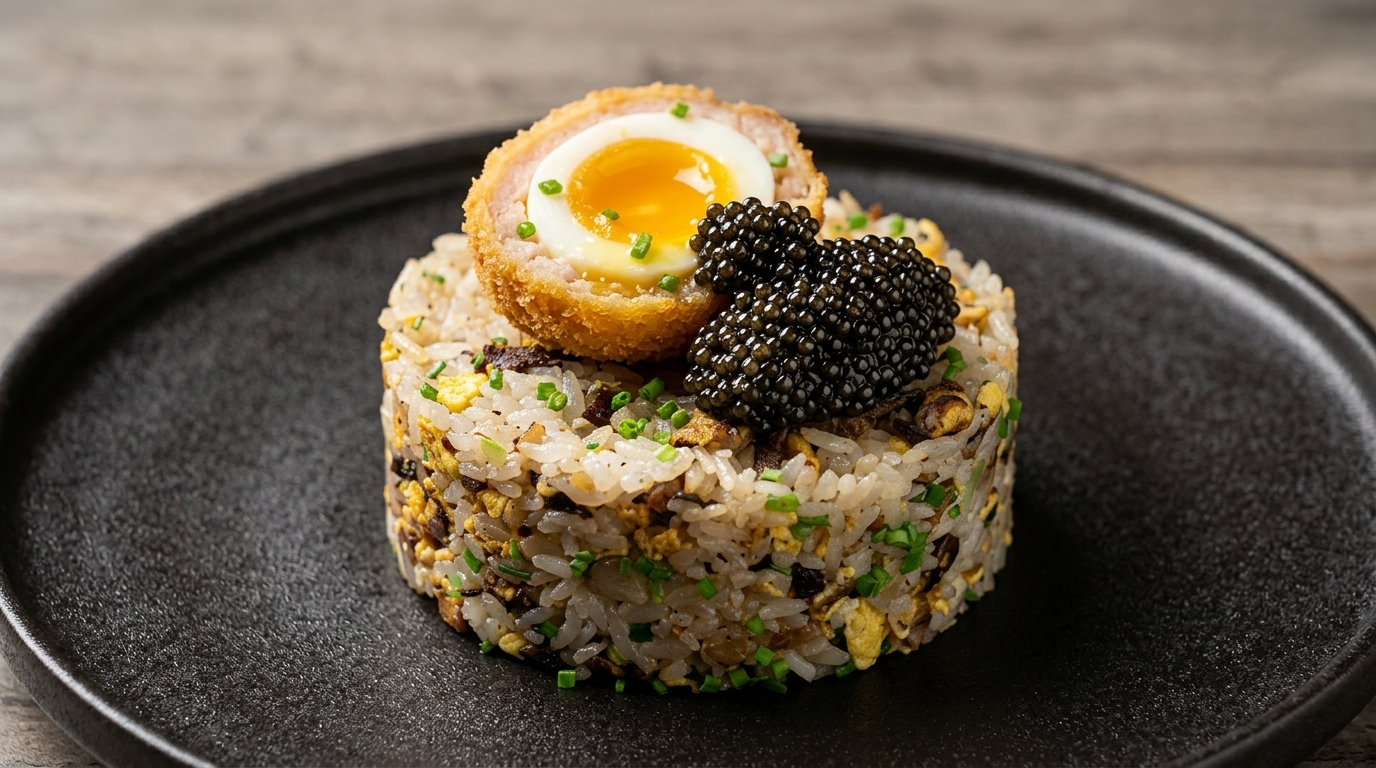 Arroz Frito con Ternera y Trufa Negra, Huevo Scotch y Caviar