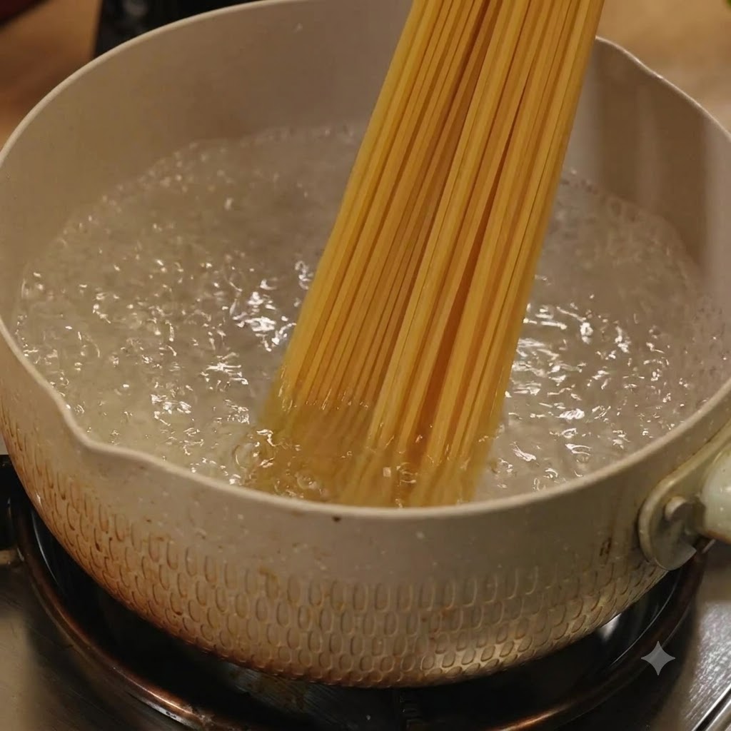 Fideos espagueti secos agregándose a una olla con agua hirviendo en la estufa.