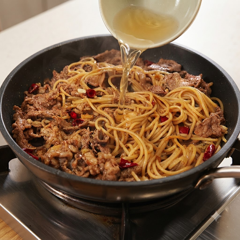 Un tazón pequeño vertiendo agua de cocción de los fideos en la sartén con fideos y carne.