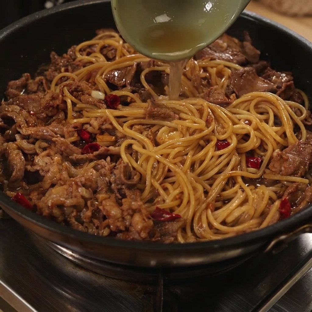 Carne y fideos removiéndose juntos en una sartén con líquido añadido desde un cucharón.