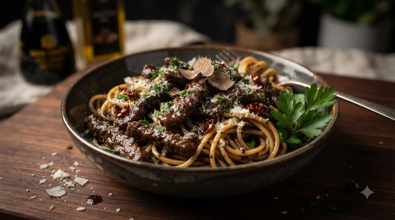 Fideos con Carne Asada y Trufa Negra