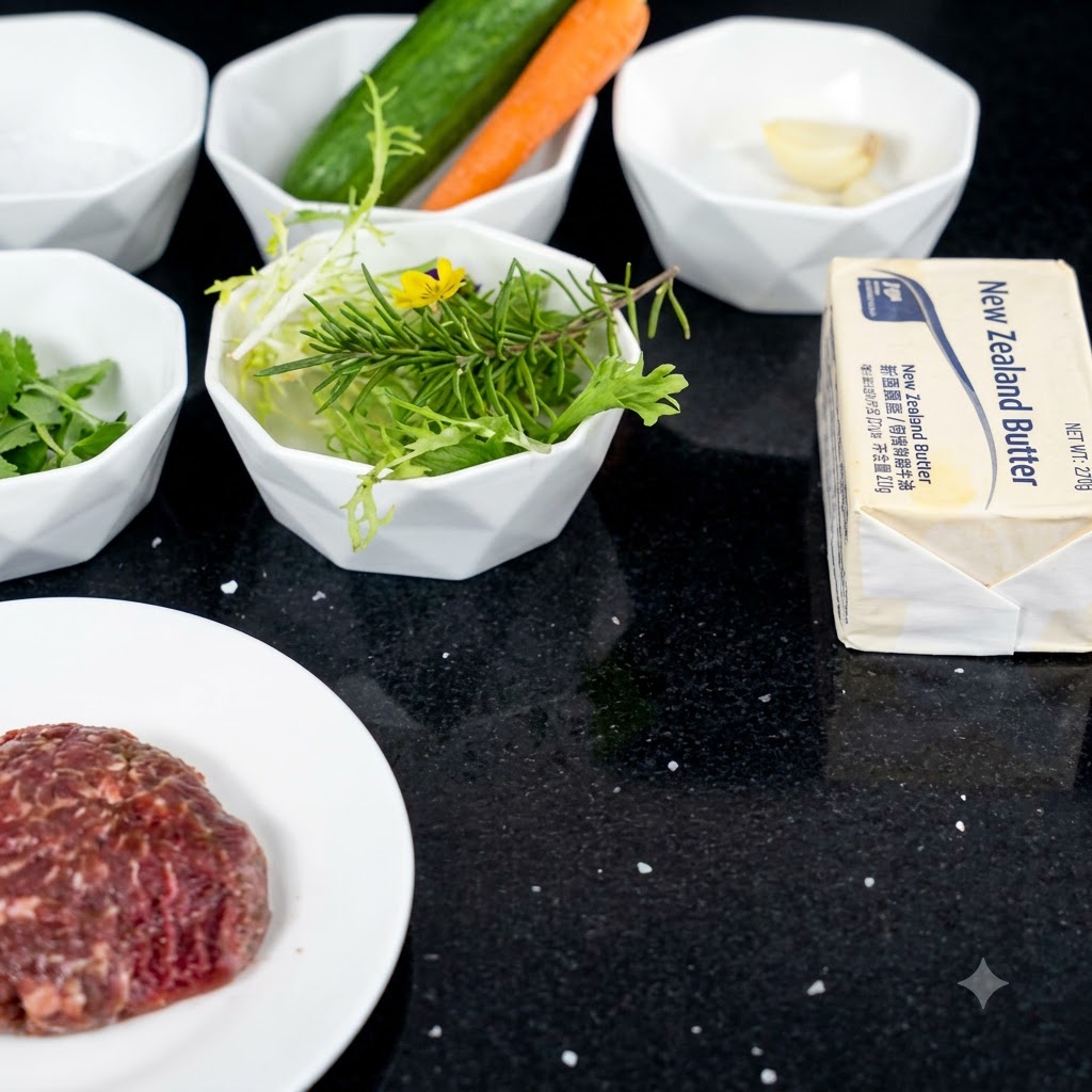 Bistec crudo en un plato blanco con ingredientes de sazón y un bloque de mantequilla cerca sobre una superficie oscura.