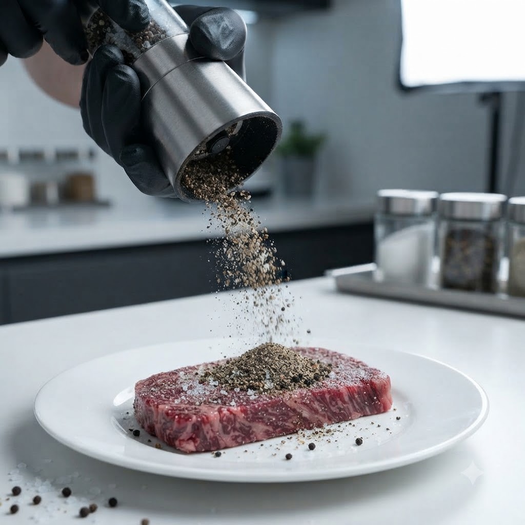 Un primer plano de una mano con guantes moliendo pimienta negra y sal sobre un bistec crudo en un plato blanco.