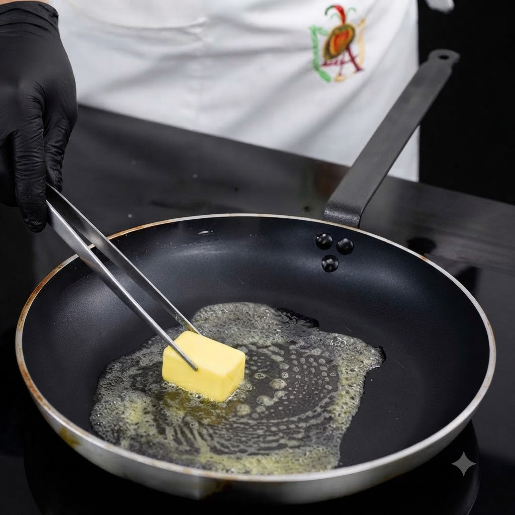 Un trozo de mantequilla derritiéndose en una sartén caliente con aceite vegetal usando pinzas.