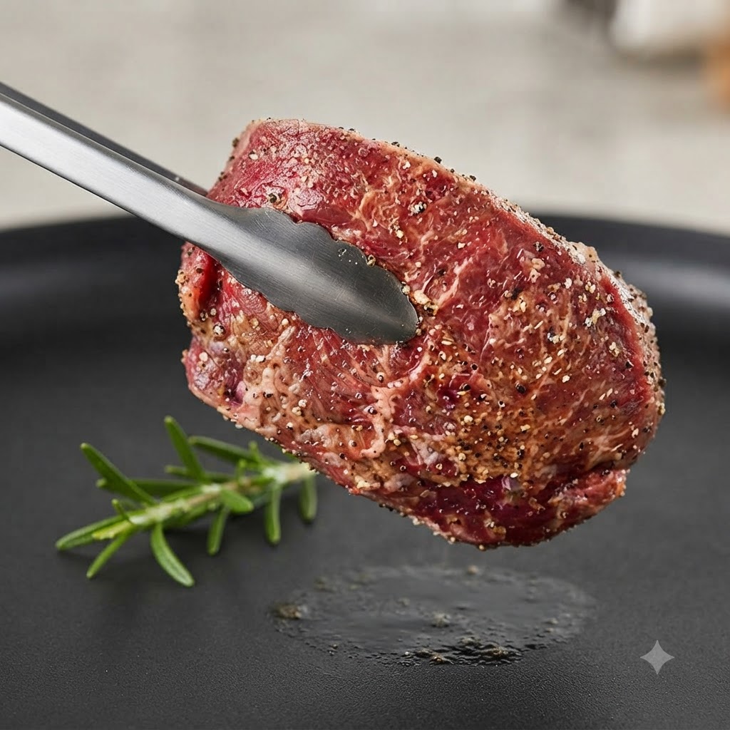 Un bistec sazonado sostenido por pinzas de metal con una ramita de romero cerca.