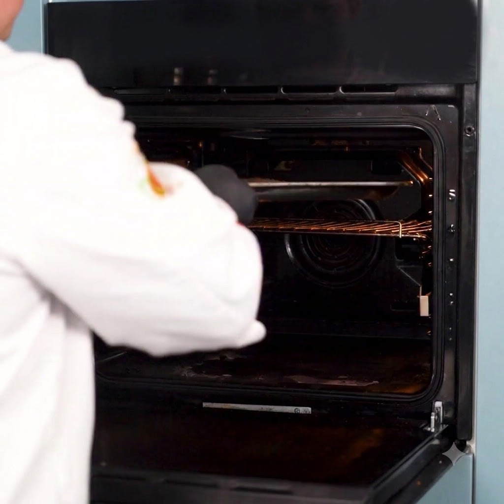 Un chef colocando una bandeja con el bistec preparado dentro de un horno caliente.