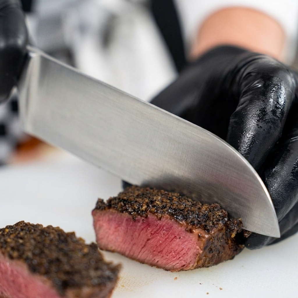 Un chef usando guantes negros cortando un bistec cocido con una costra de trufa oscura en tres piezas distintas sobre una tabla de picar, revelando un interior rosado.