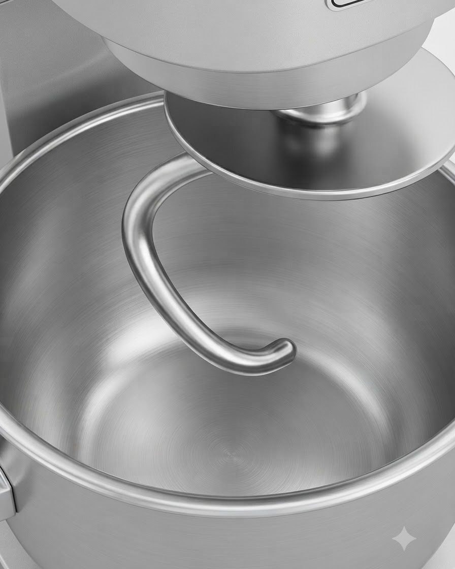 Un bol de batidora amasadora y accesorio de gancho listos para mezclar los ingredientes de la masa.