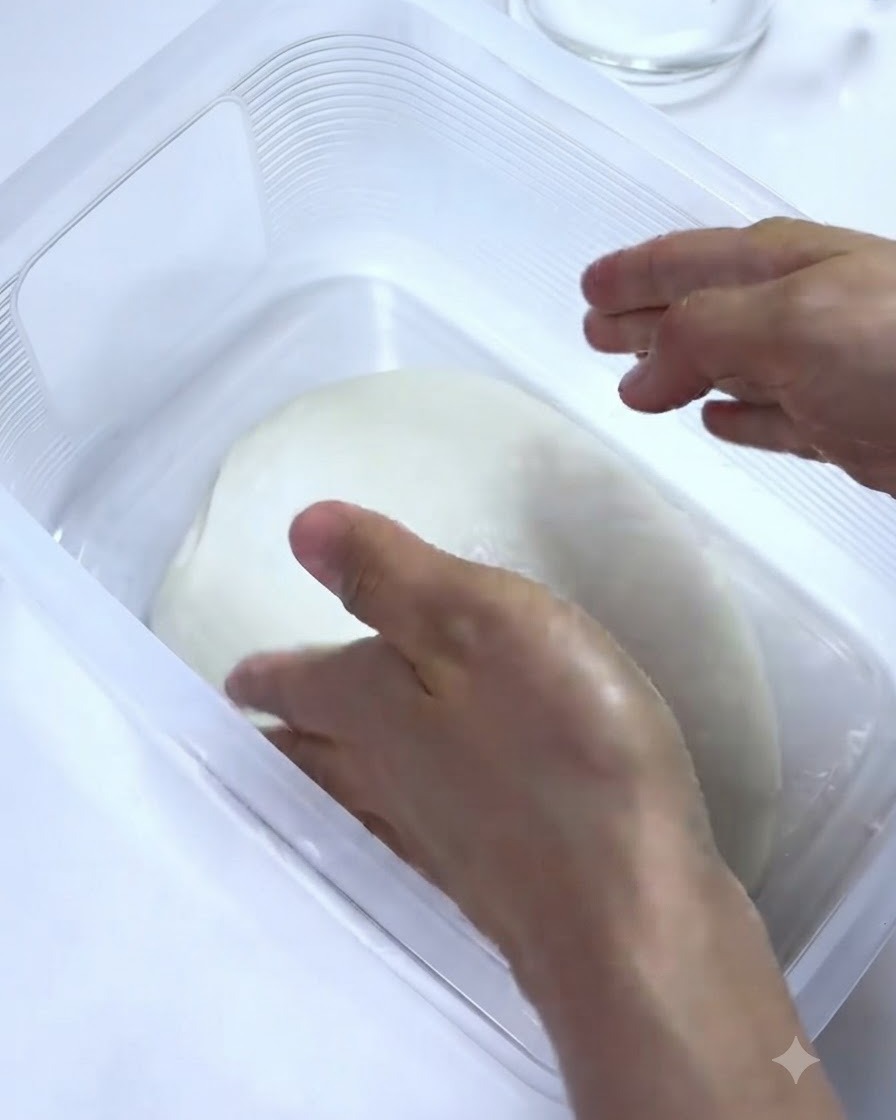 Manos realizando un movimiento de plegado sobre la masa dentro de su recipiente.