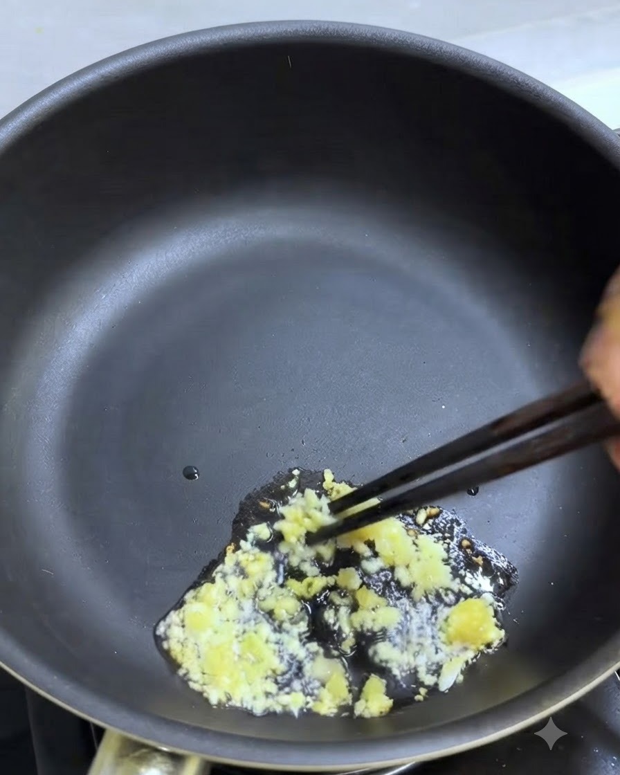 Ajo picado salteándose en una sartén con aceite utilizando palillos.