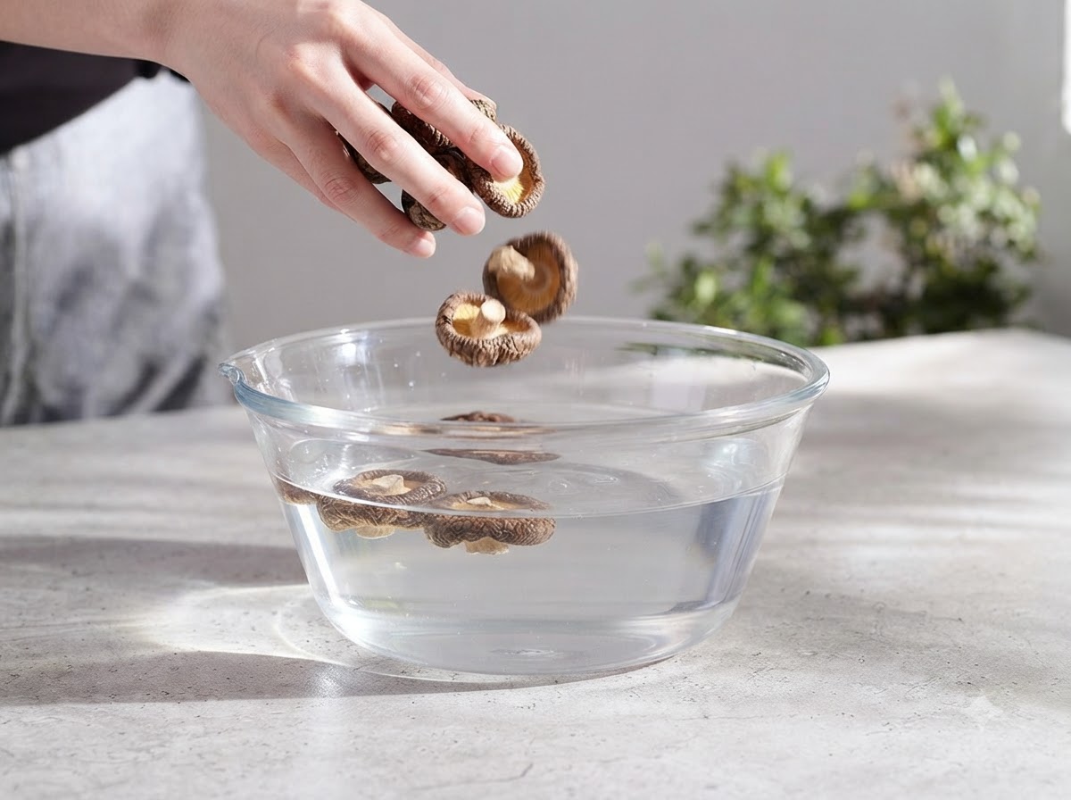 Hongos shiitake y de árbol de té deshidratados remojándose en un bol de cristal lleno de agua.