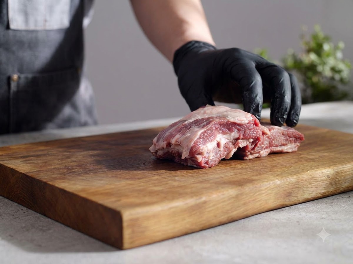 Un par de manos con guantes recortando la grasa de las costillas de res crudas sobre una tabla de madera.