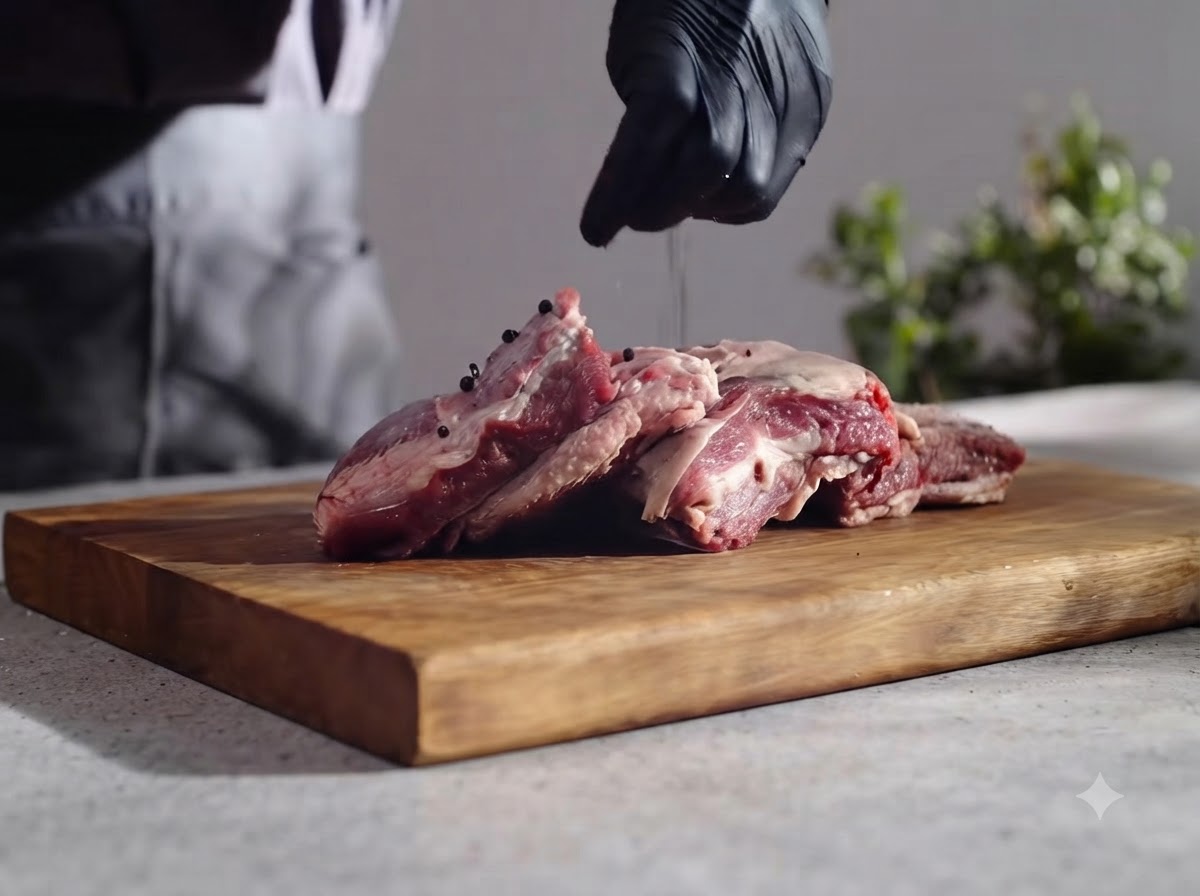 Granos de pimienta negra y ajo siendo espolvoreados sobre las costillas de res crudas.