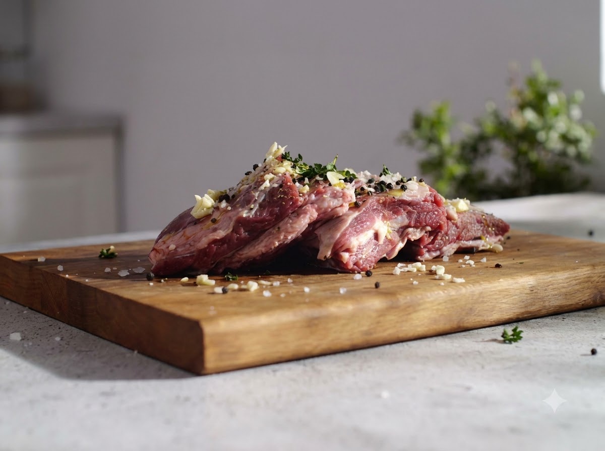 Costillas de res crudas cubiertas con ajo, hierbas y condimentos reposando en una tabla de cortar.