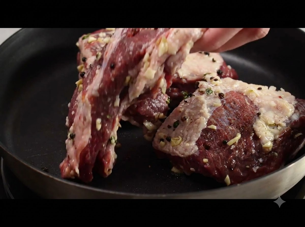 Costillas cortas de res dorándose en una sartén plana caliente sobre la estufa.