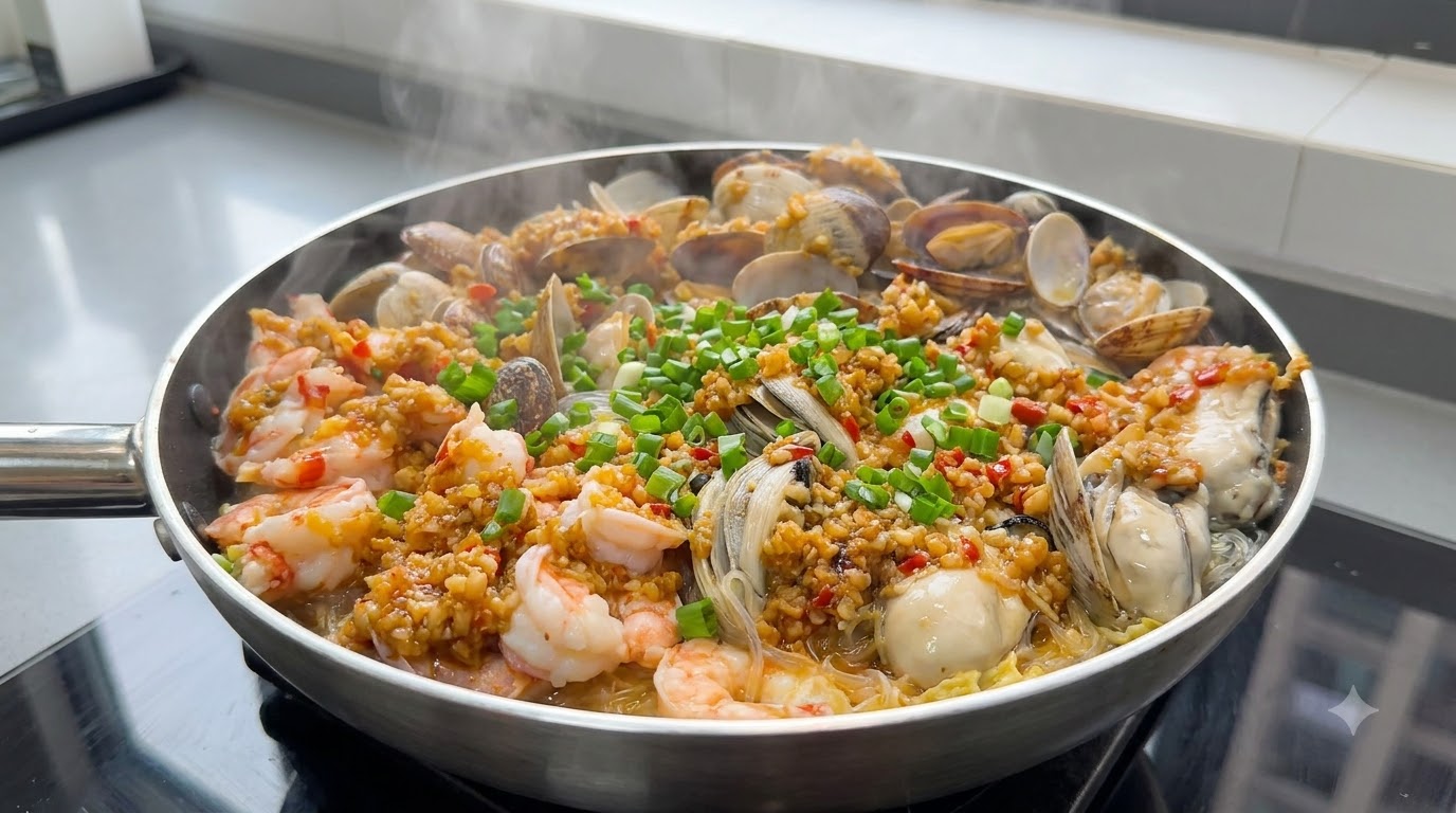 Ternera Asada al Horno con Fideos de Arroz y Mariscos al Ajillo