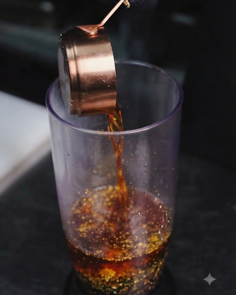 Aceite sazonado oscuro siendo vertido desde una taza medidora de cobre en el recipiente con los ingredientes picados.