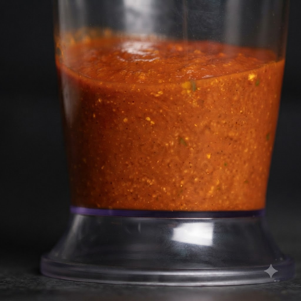 La salsa mezclada, suave y de color intenso, llenando la parte inferior del recipiente de plástico para batir.