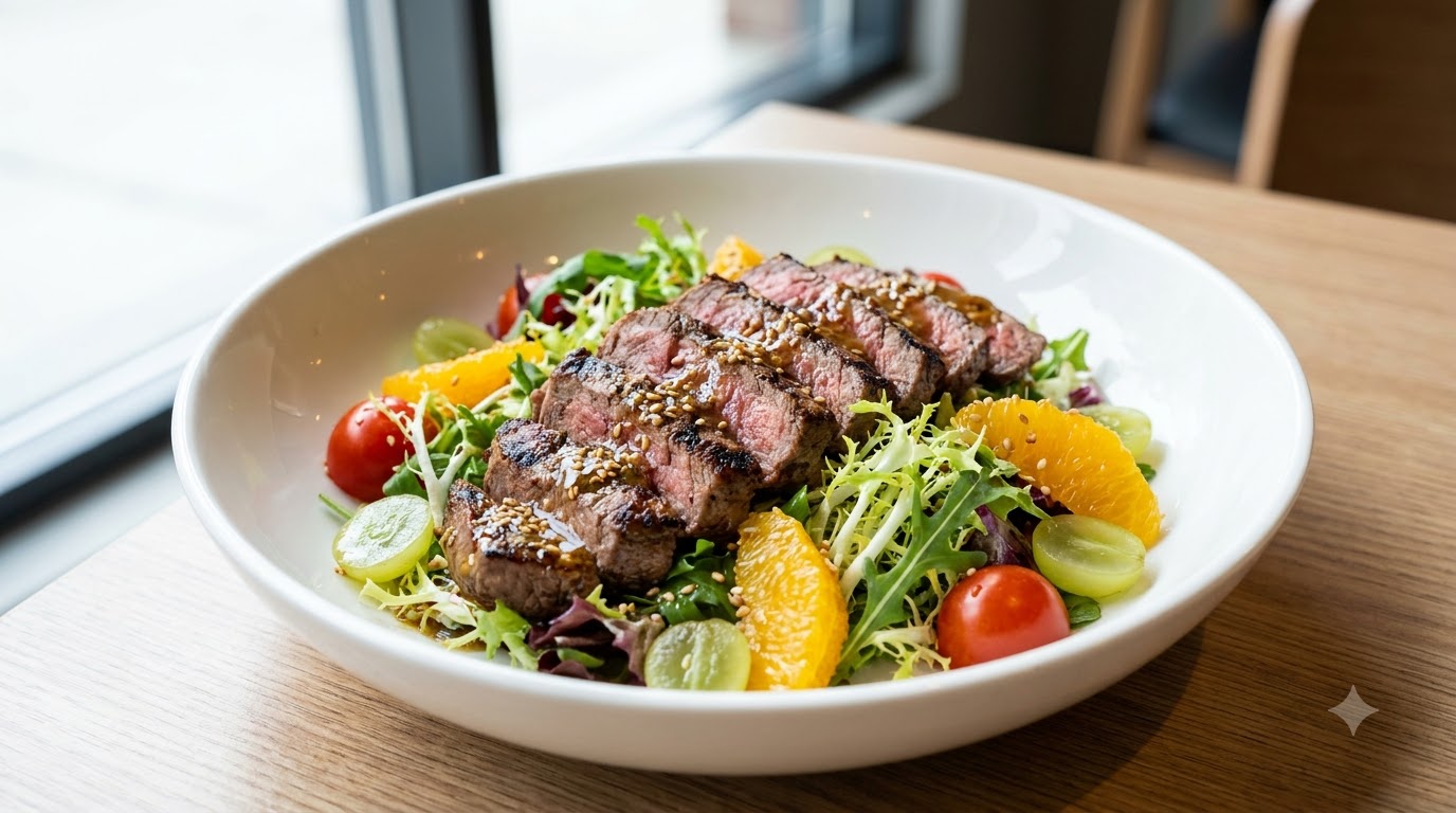 Ensalada de ternera a la parrilla al carbón con tiras de falda de ternera a medio punto sobre hojas verdes mixtas, rodajas de naranja, uvas verdes y tomates cherry.