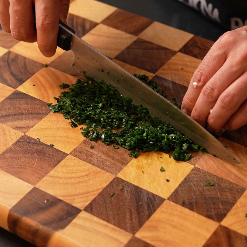 Hojas de perejil verde fresco siendo finamente picadas con un cuchillo en una tabla de cortar.