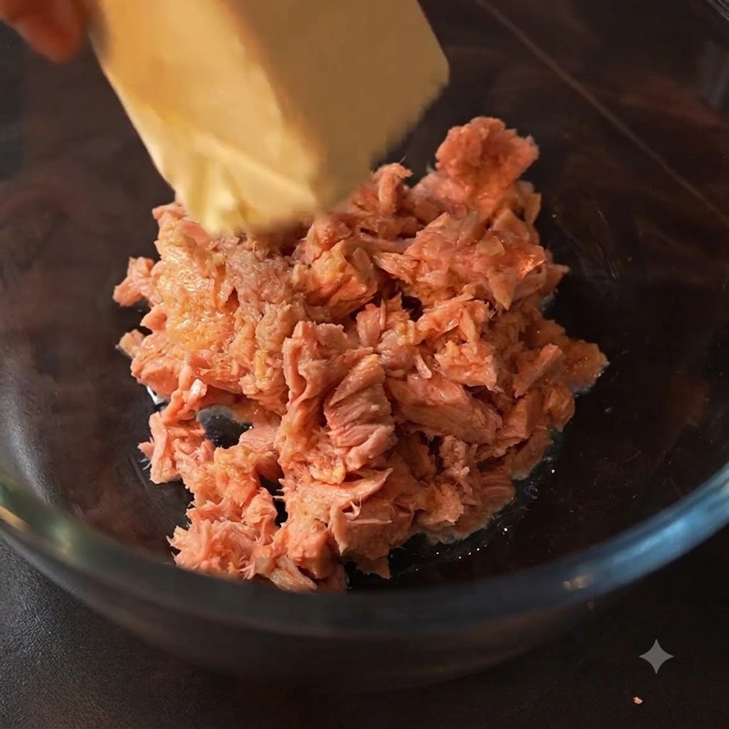 Un bloque de queso crema siendo colocado en el tazón de vidrio con atún.
