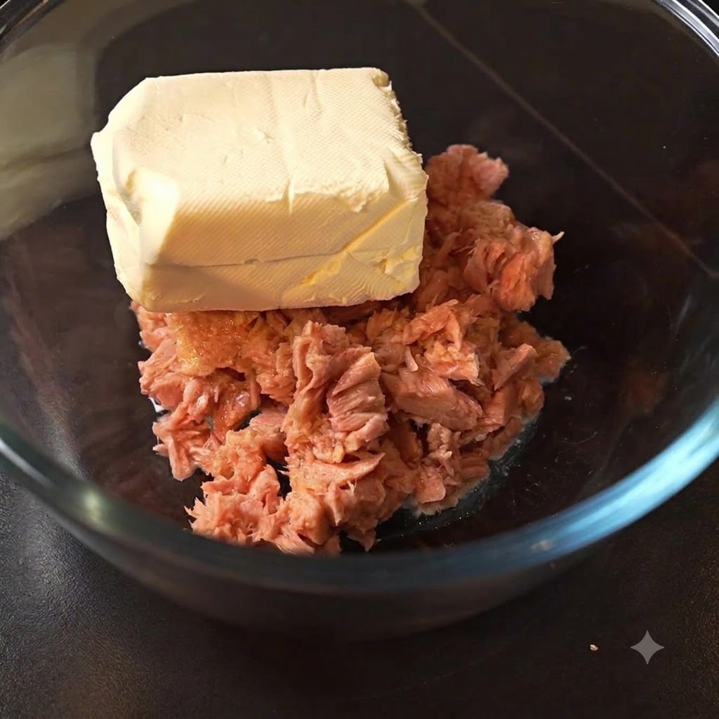 Un bloque de queso crema sentado encima del atún desmenuzado dentro de un tazón de vidrio transparente.