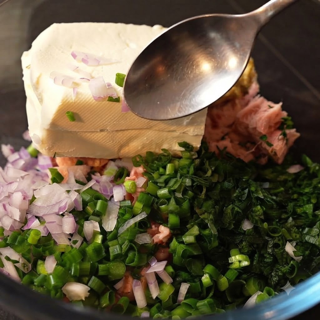 Una cucharada de mostaza Dijon siendo agregada en un tazón de vidrio lleno de hierbas picadas, cebollas, atún y un bloque de queso crema.