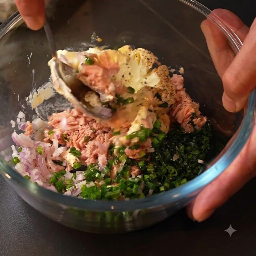 Una cuchara mezclando a fondo atún, queso crema, hierbas y especias juntos en un tazón de vidrio.
