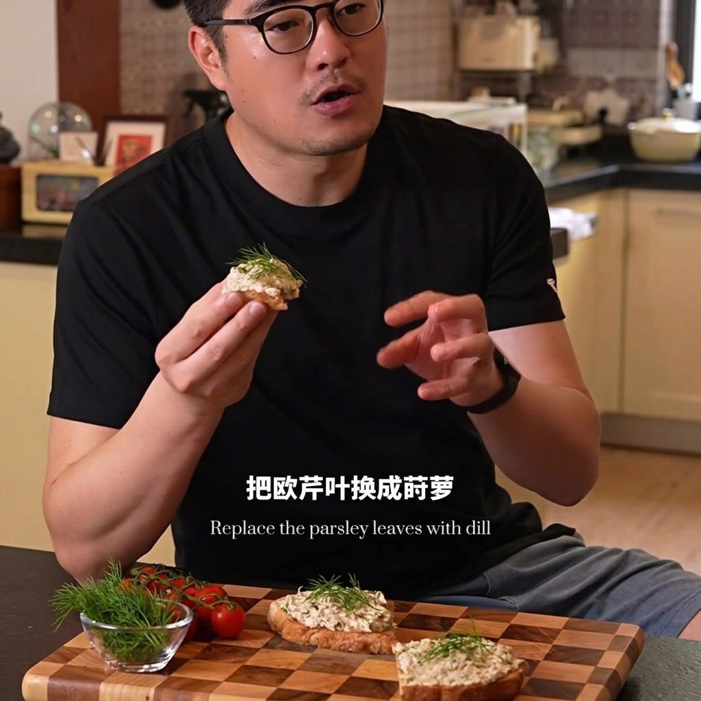 Una persona sosteniendo un sándwich abierto de atún y queso terminado, con más sándwiches y un tazón de hierbas frescas y tomates cherry en una tabla de cortar de madera.