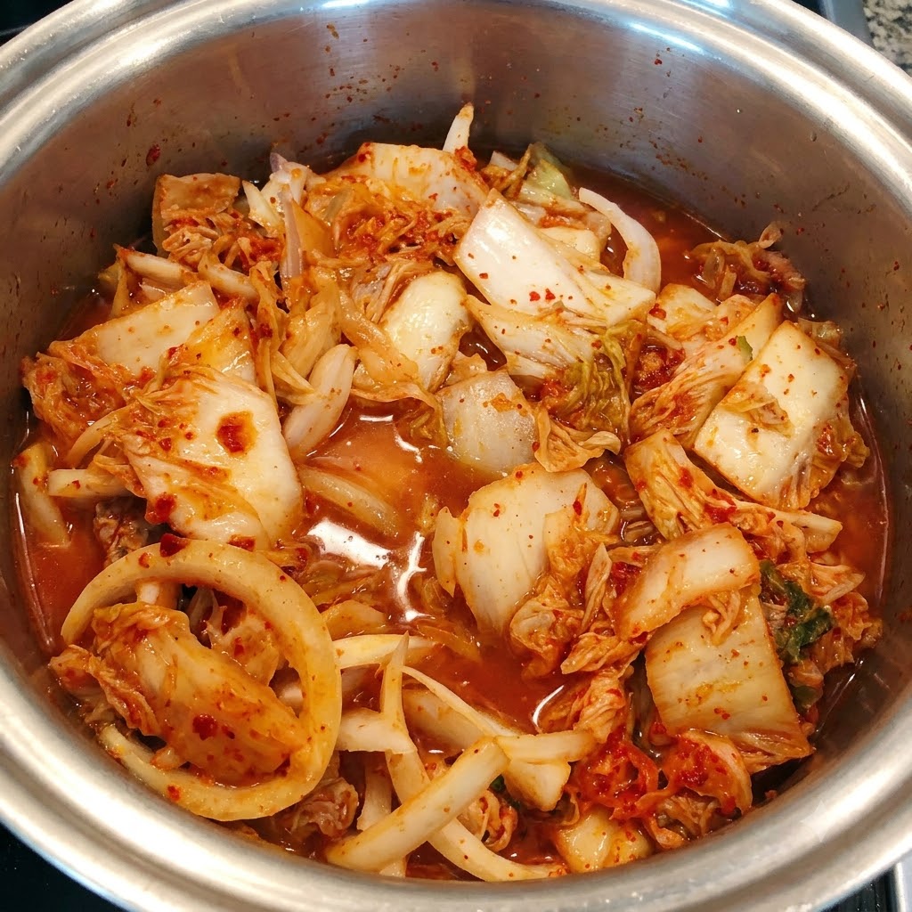 Agua clara siendo vertida sobre la mezcla de kimchi y atún salteados en la olla.