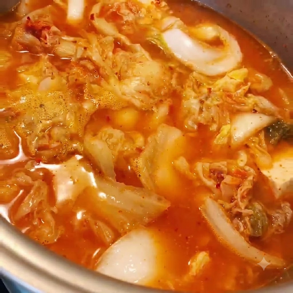 Una olla de metal llena de estofado de kimchi hirviendo a fuego lento con la tapa colocada encima.