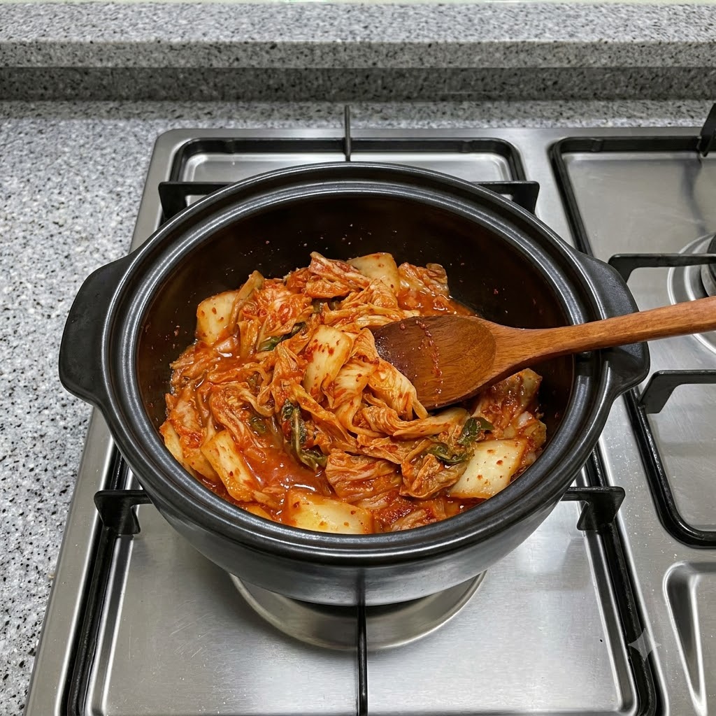 Kimchi rojo siendo mezclado dentro de una olla de barro negra con una cuchara de madera sobre una estufa.