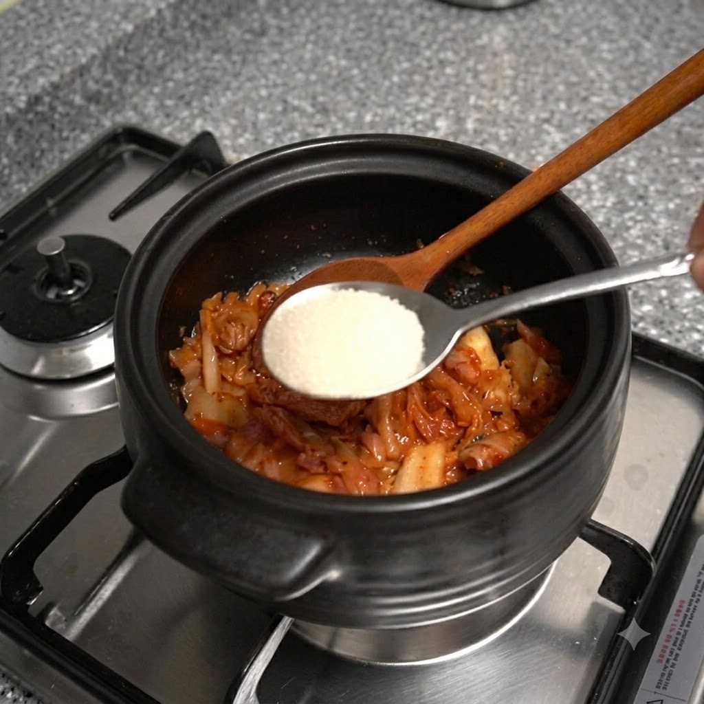 Una cuchara de metal sosteniendo azúcar blanca sobre el kimchi que se está sofriendo dentro de la olla de barro.