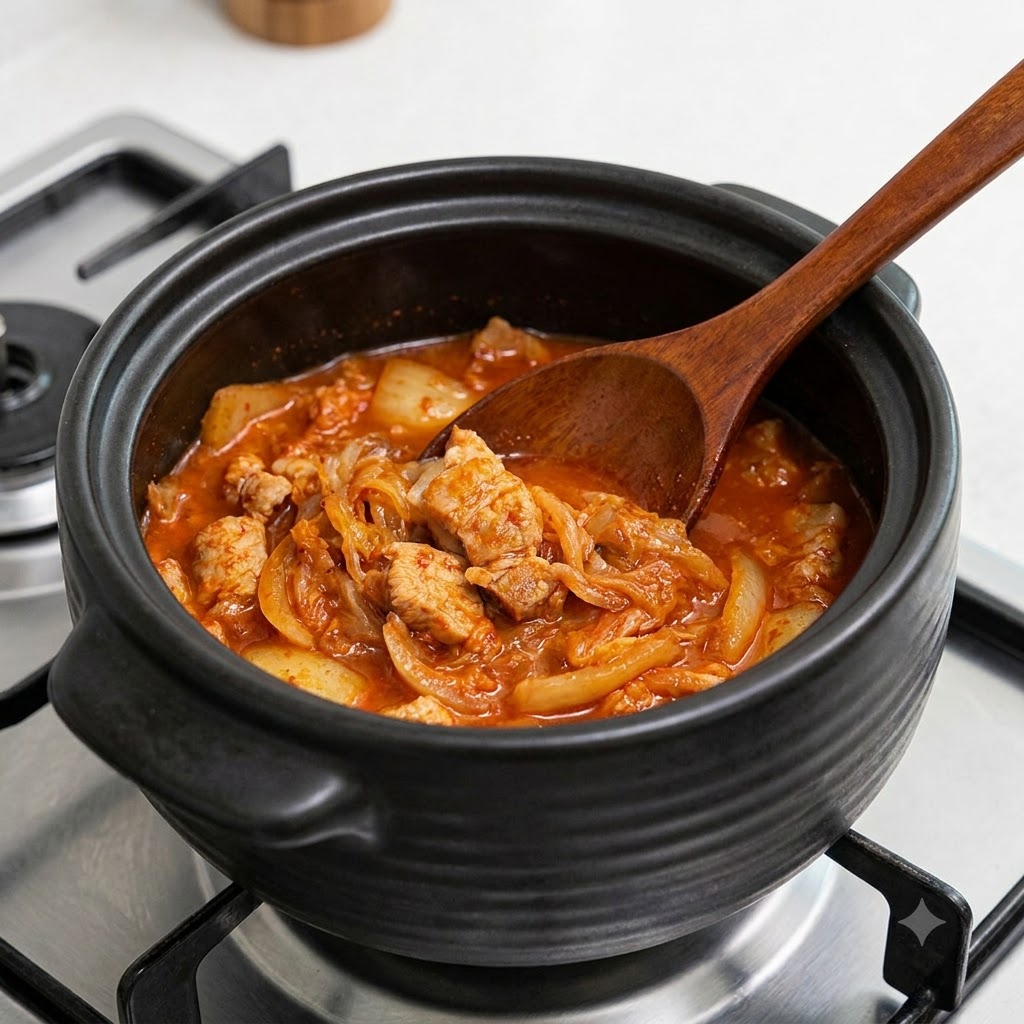 Trozos de cebolla picada mezclados en el kimchi que se cocina dentro de la olla de barro oscura.