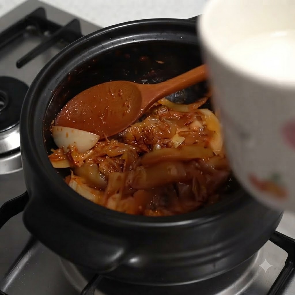 Una taza blanca vertiendo agua en la olla llena de kimchi y cebollas cocidos.