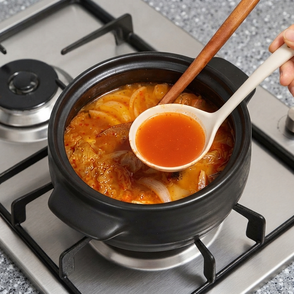 Una cuchara blanca recogiendo jugo rojo de sopa de kimchi sobre la olla de cocción oscura.