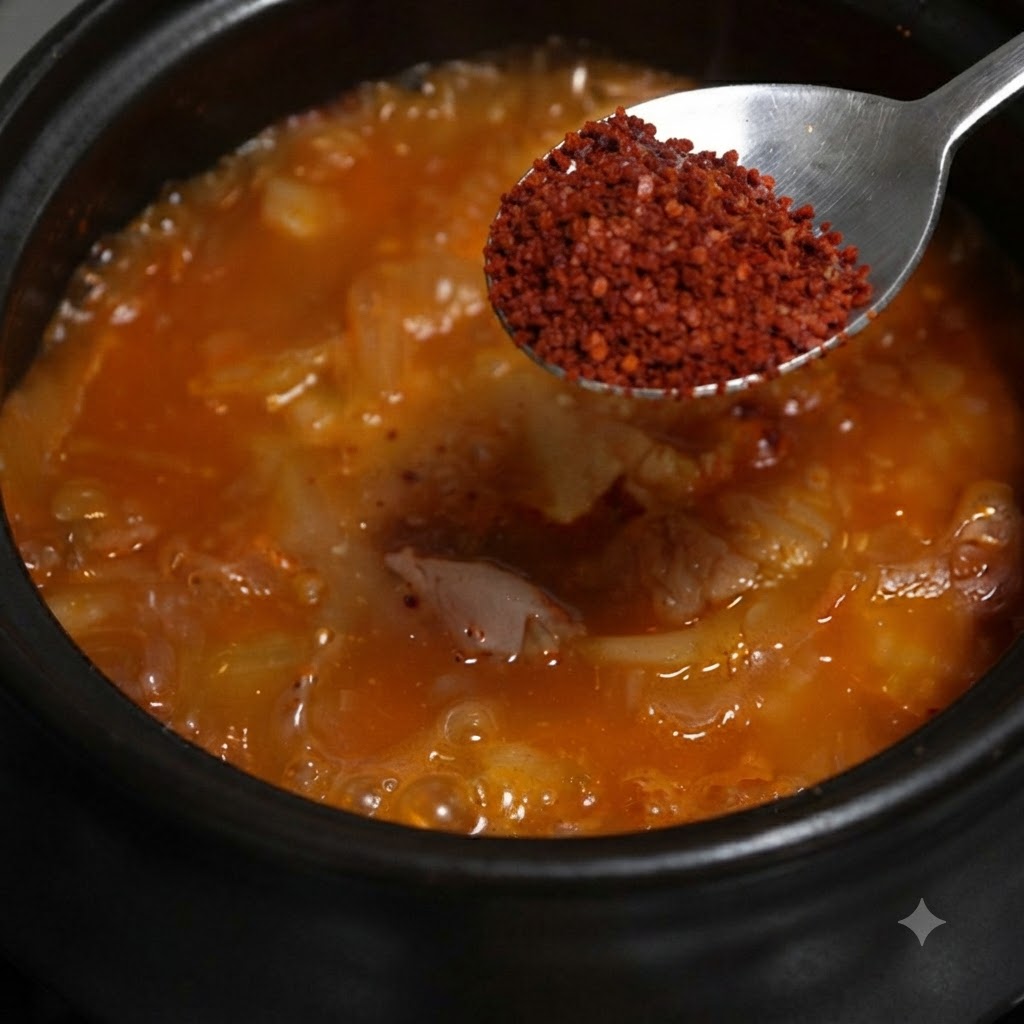 Una cuchara con chile en polvo rojo posicionada sobre la sopa anaranjada hirviendo.