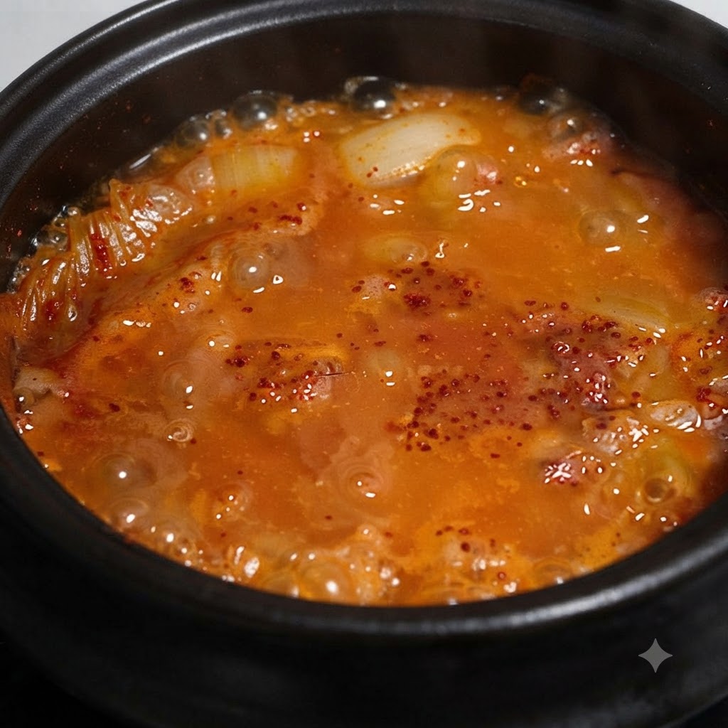 Trozos de atún enlatado reposando sobre la sopa de kimchi a fuego lento.