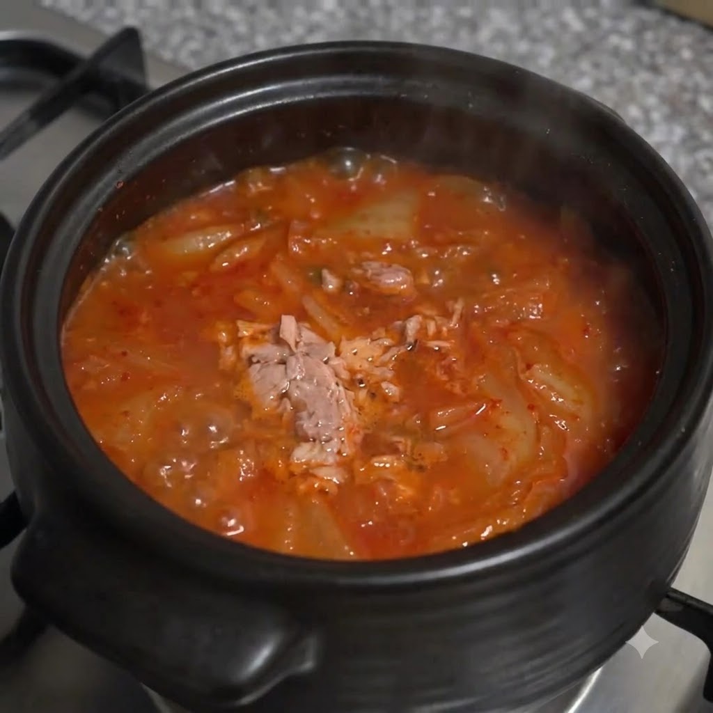 Cebollas verdes en rodajas esparcidas sobre la superficie de la sopa caliente de kimchi y atún en una olla de barro.
