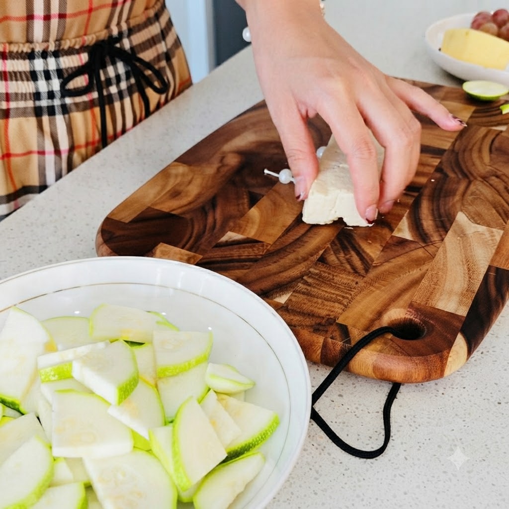 Un bloque de tofu blanco siendo cortado en pequeños cubos limpios sobre una tabla de cortar de madera junto a un tazón de calabacín cortado.