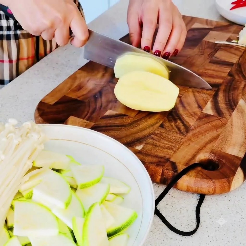 Patatas frescas peladas siendo cortadas en trozos pequeños sobre una tabla de cortar de madera.