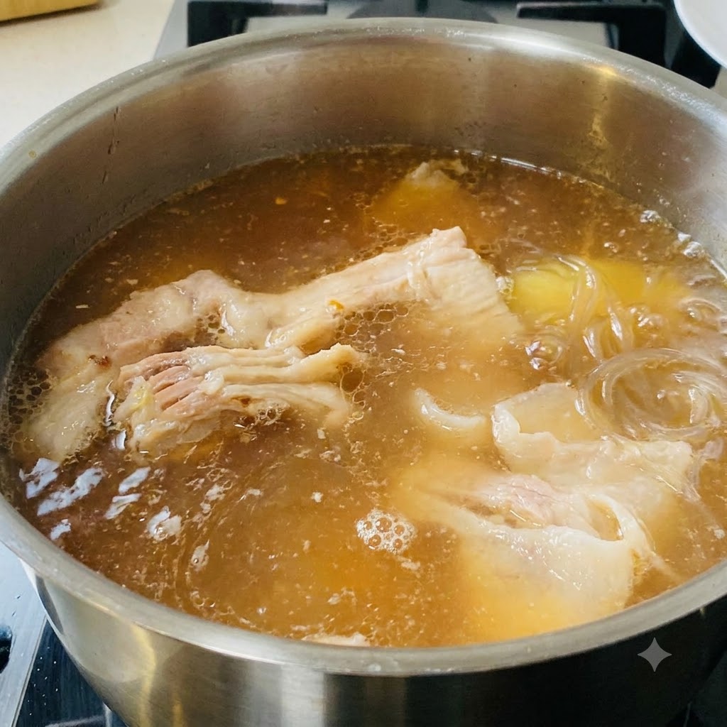 La mezcla de pasta de soja siendo vertida en una olla hirviendo de caldo y trozos de panceta de cerdo.